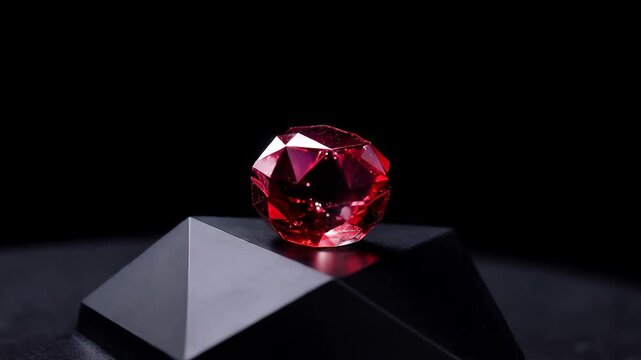 Shining red gem rests on a dark surface and reflects light from different angles during a close view