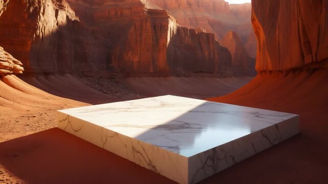 Cinematic wide shot of a flat rectangular white marble platform positioned in the center of a majestic red rock canyon during sunset, featuring realistic shadows and warm sunlight