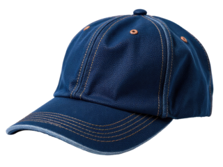 A close-up shot of a blue baseball cap with prominent orange stitching