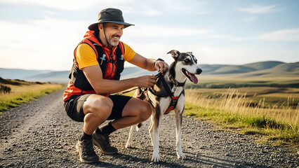 Happy man enjoying outdoor hiking adventure with his loyal dog on scenic countryside trail during sunny day in nature exploration activity