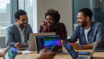 Innovative digital agency team collaborating on their project with tech devices