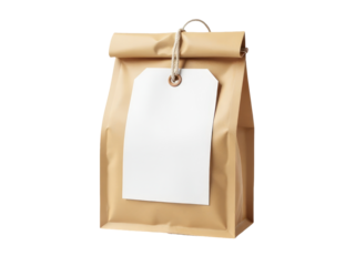 A brown paper bag with a handwritten note attached, great for use in office or home settings