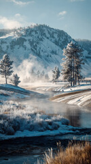 Snowy River and Steaming Geothermal Vents in Yellowstone National Park, Winter Hiking and Nature Travel Adventure, Scenic Wyoming Wilderness Landscape and Tourism Scenery