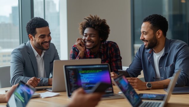Innovative digital agency team collaborating on their project with tech devices - Powered by Adobe