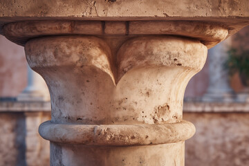 Ancient stone column capital close-up with weathered texture