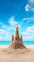 Large sandcastle with towers on sunny beach with turquoise ocean