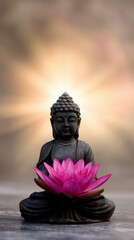 Black Buddha statue meditating with pink lotus flower and glowing light rays