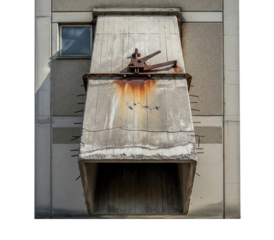 Heavy industrial concrete refuse chute on the grey building wall on a transparent background