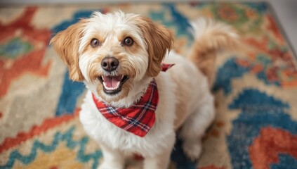 Joyful dog wearing a red plaid scarf on a vibrant rug
