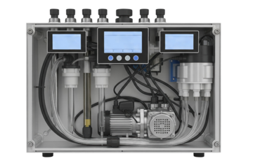Open the industrial metal control panel box with pumps and screens on a transparent background