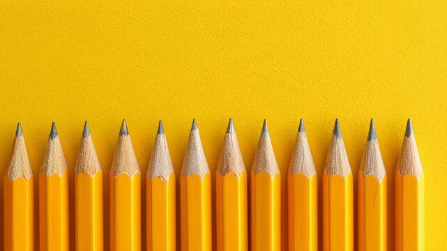 Creativity, education, and art concept. neat row of sharp yellow pencil tips on matching background. perfect school supply and stationery in minimalist order