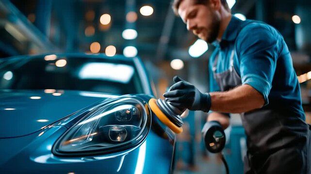 Professional detailer polishing vehicle with machine buffer faceless worker defocused garage background close up paint correction waxing process vehicle care maintenance