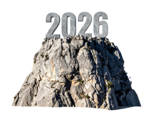 Stone 2026 numbers on a mountain peak symbolizing future success, business goals, and achievement.