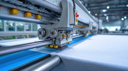 Close up of an industrial fabric cutting machine with a large white textile on a blue surface