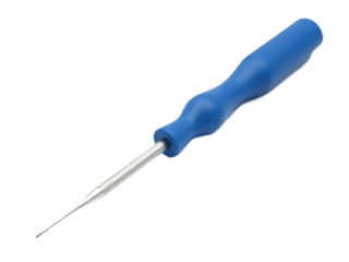 A screwdriver with a blue handle placed on a white background
