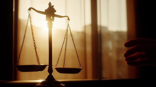 Dramatic golden silhouette of scale of justice, symbol for law, balance, and fairness. This backlit scene represents solemn quest for truth and final legal decision