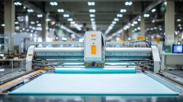 Automated industrial fabric cutting machine operating with a large roll of light blue material