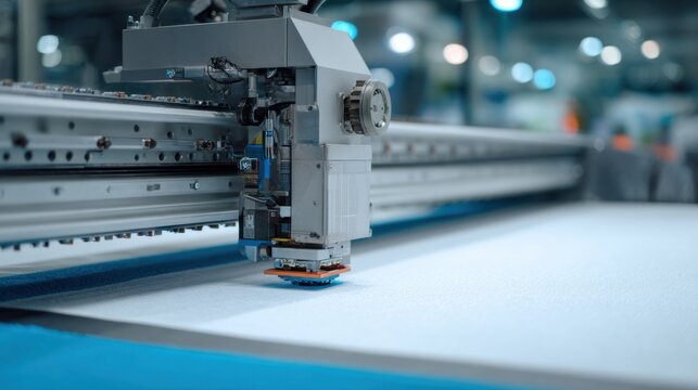 Close up of an automated cutting machine precisely working on a white fabric sheet