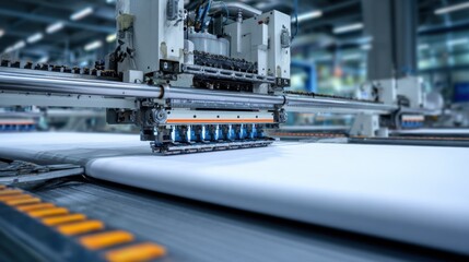 Industrial automated textile manufacturing machine sewing white fabric on a production line