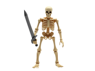 A skeleton holds a knife and a sword, suitable for horror or Halloween-themed images
