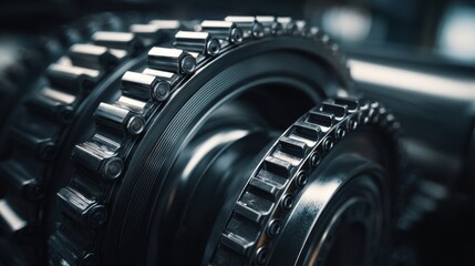 Close up of metallic interlocking gears and roller chains inside mechanical machinery