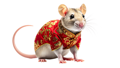 Cute rat wearing a traditional red Chinese cheongsam for Lunar New Year and Zodiac celebrations.