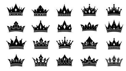 Collection of Black Crowns Silhouettes on White Background.