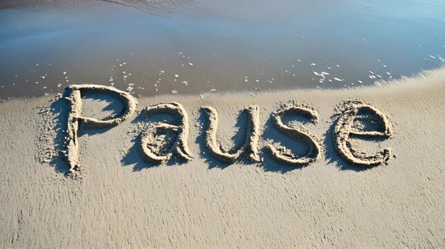 The word &ldquo;Pause&rdquo; is drawn on the sand, and a sea wave is approaching the inscription. A break from work.