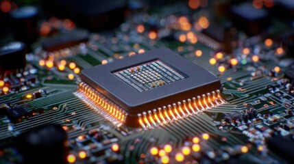 Close up of a central processing unit CPU on a glowing circuit board with intricate pathways