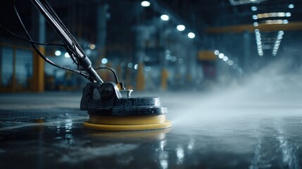 Naklejka premium Industrial floor cleaning machine spraying water creating mist on wet concrete surface