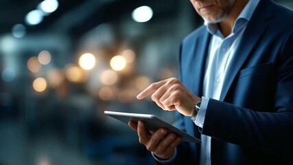 Professional using tablet analyzing automation artificial intelligence growth trends faceless businessman defocused manufacturing background optimize operational efficiency - Powered by Adobe