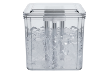 Clear plastic ice maker container filled with water and cubes on a transparent background
