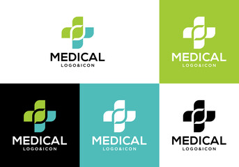 medical cross logo icon design vector with leaf.