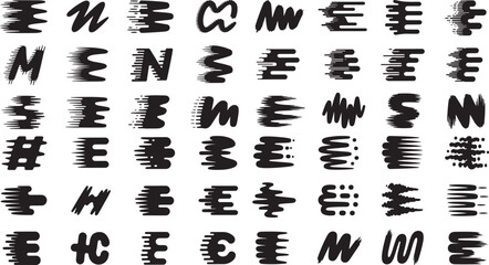 Brushed handwritten alphabet letters and symbols on white background