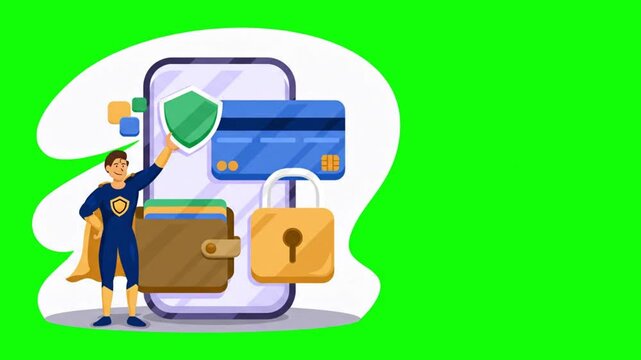 Superhero Protects Digital Wallet & Credit Card, Green Screen Security Illustration for Finance, Banking & Online Safety