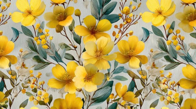 Vibrant yellow floral pattern with green leaves.