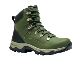 A pair of green hiking boots on a white background