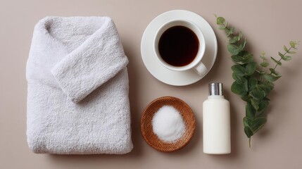 Flat lay of a white towel folded neatly on the left side, a white cup of black coffee on a saucer on the right side, and a small white bottle of body lotion on the bottom right corner.