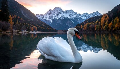 A graceful swan glides on a serene lake reflecting vibrant autumn foliage and majestic snow-capped mountains at sunrise