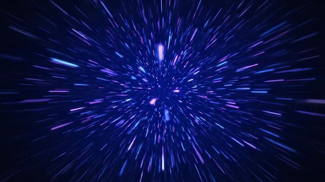 Vibrant blue and purple light streaks zooming through dark space creating a hyperdrive effect