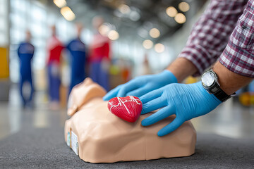 Blue Gloves CPR Training on Mannequin Group Background.