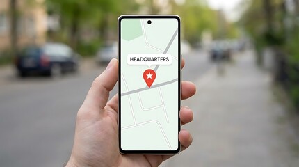 Hand holding smartphone displaying map application with headquarters location pin.