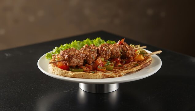 Kebab wrapped in pita, served on a plate atop a black table, garnished with greens