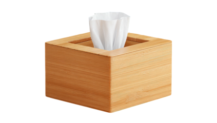 Wooden tissue box with white tissues sticking out, isolated on background