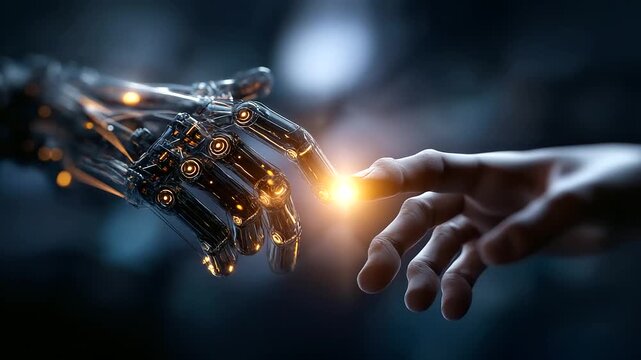 Robotic hands holding global network and quantum computing power defocused digital background superposition algorithms automation encryption modeling processing technology intel