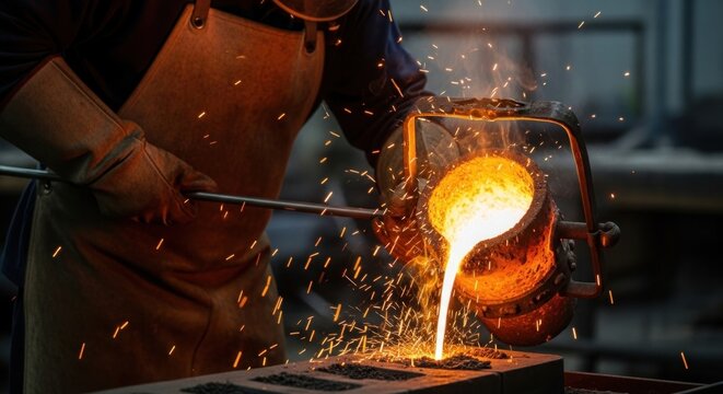 Foundry worker pouring molten metal during industrial casting process. - Powered by Adobe