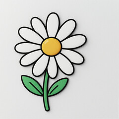 Minimalist cartoon daisy with white petals, yellow center, and green stem on a clean white background