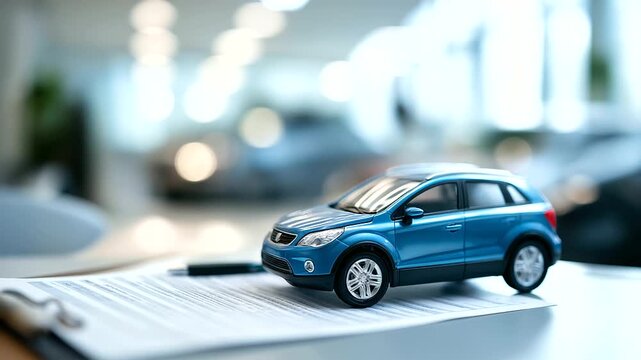 Toy vehicle placed on insurance documents in dealership office defocused contract background automobile coverage financing options concept policy documentation scene with copy