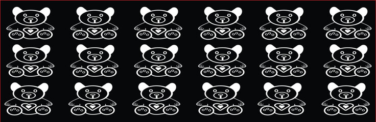 A high-contrast repeating pattern featuring white teddy bear icons with hearts on a solid black background. This minimal, flat graphic design is ideal for nursery textiles, children's gift wrap, digit