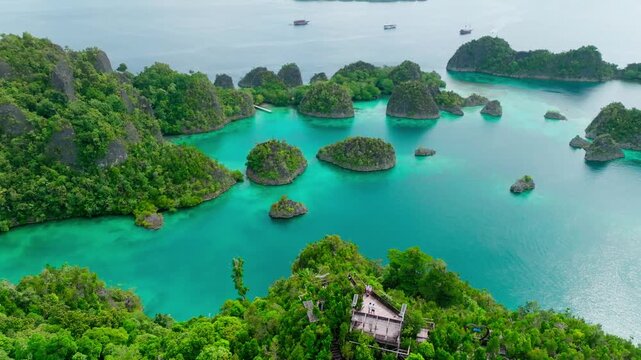  Aerial view of landscape scene with Raja Ampat Islands, Indonesian archipelago, West Papua, Indonesia
